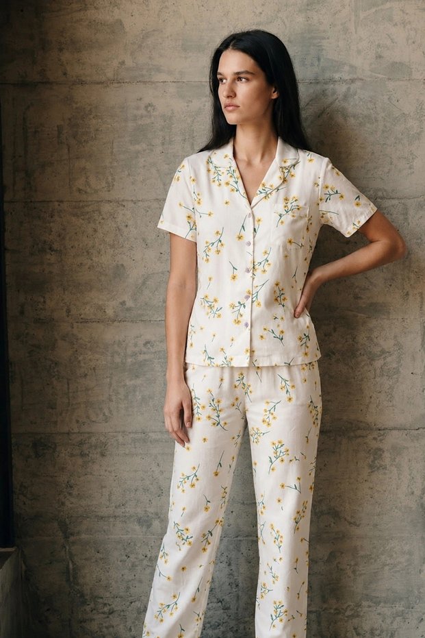 Women's Multi-Colored V-Neck Buttoned Pajama Set