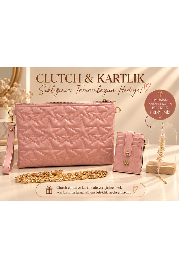 Women's Silver Star Patterned Quilted Bag and Card Holder Set, Evening Dress Clutch Bag with Gold Chain Strap, Black Silver Champagne Gold Powder Color Options Combination Set with Bracelet Gift