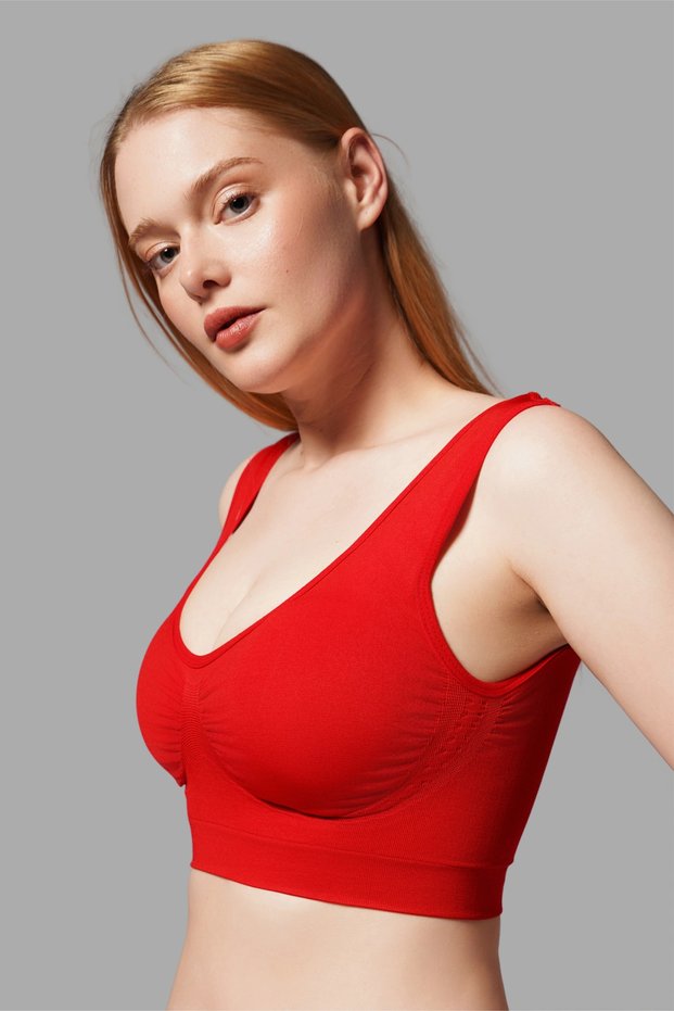Women's Red Thick Strap V-Neck Seamless Sports Bustier Crop Gathering Bra