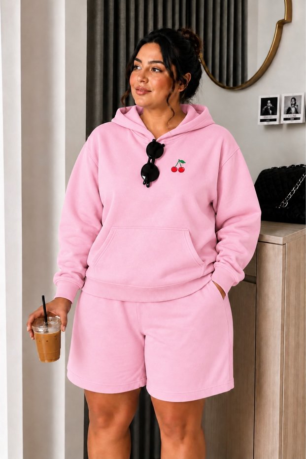 Unisex Oversize 3 Thread Raster Hooded Sweatshirt Pink Hoodie