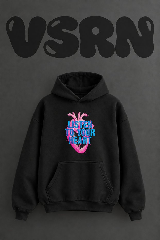 Dinle Heart Design Pre-Printed Oversize Black Hooded Sweatshirt