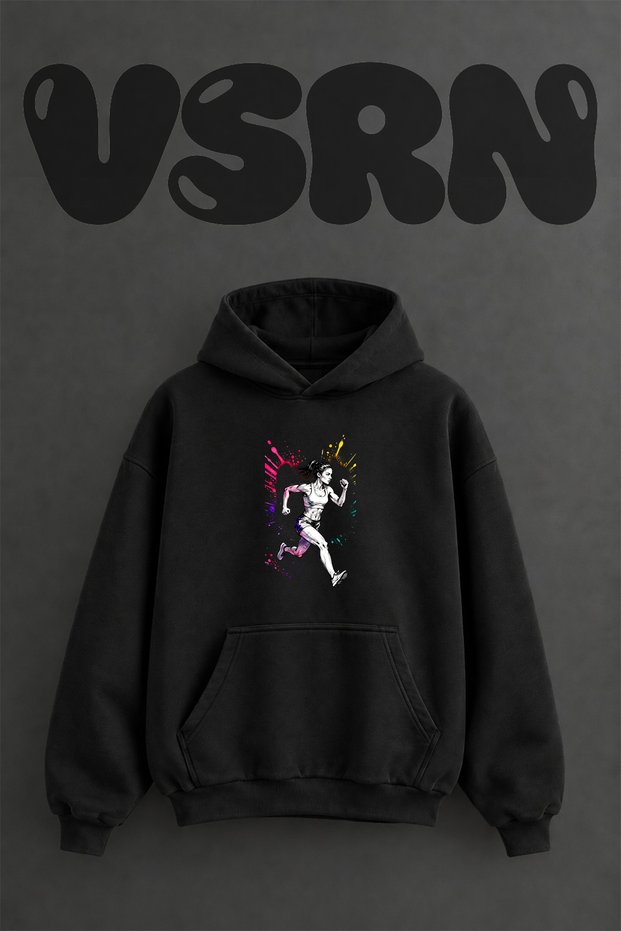 Kosan Kadin_1 Design Pre-Printed Oversize Black Hooded Sweatshirt