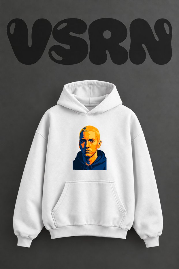 Eminem Popart Design Pre-Printed Oversize White Hooded Sweatshirt