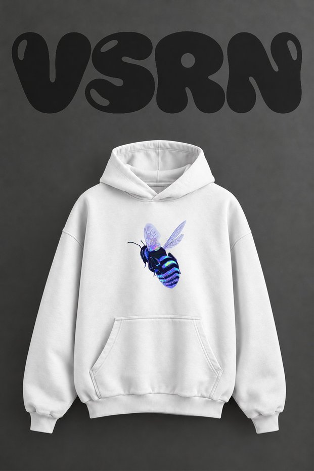 Holographic Bee_1 Design Pre-Printed Oversize White Hooded Sweatshirt