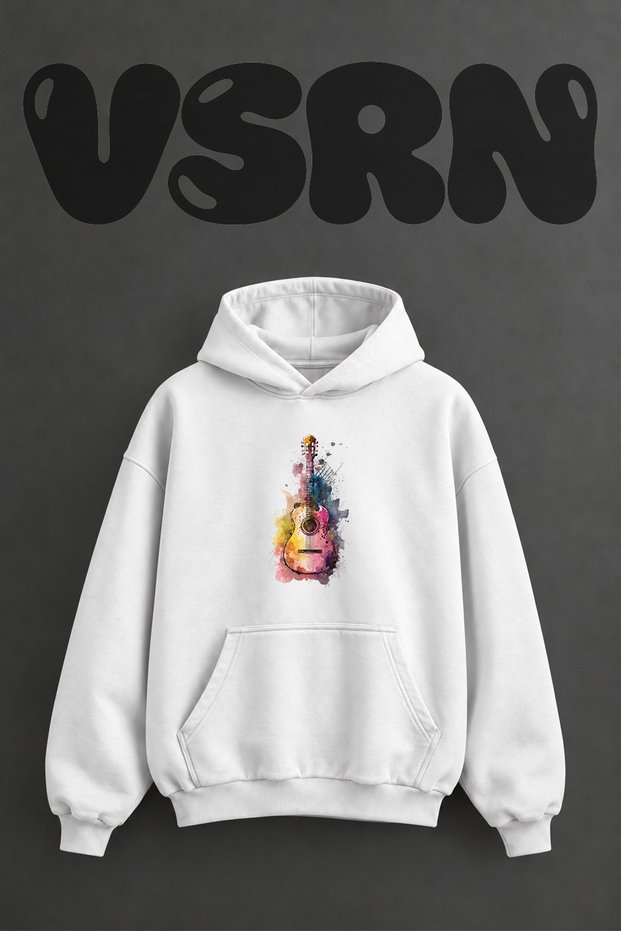 Guitar Watercolor Design Pre-Printed Oversize White Hooded Sweatshirt