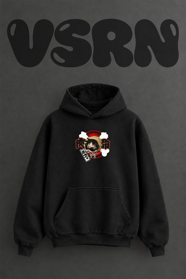 One Piece Luffy Design Pre-Printed Oversize Black Hooded Sweatshirt