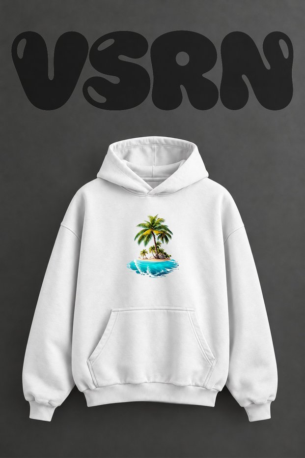 Palm Island Design Pre-Printed Oversize White Hooded Sweatshirt