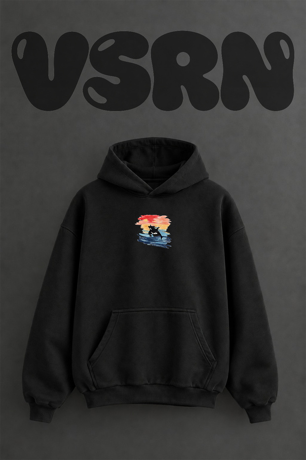 Orca Design Pre-Printed Oversize Black Hooded Sweatshirt