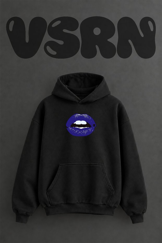 Blue Lips Design Pre-Printed Oversize Black Hooded Sweatshirt