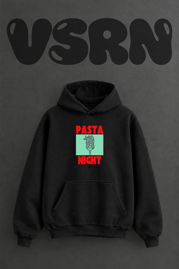Pasta Fork Design Pre-Printed Oversize Black Hooded Sweatshirt