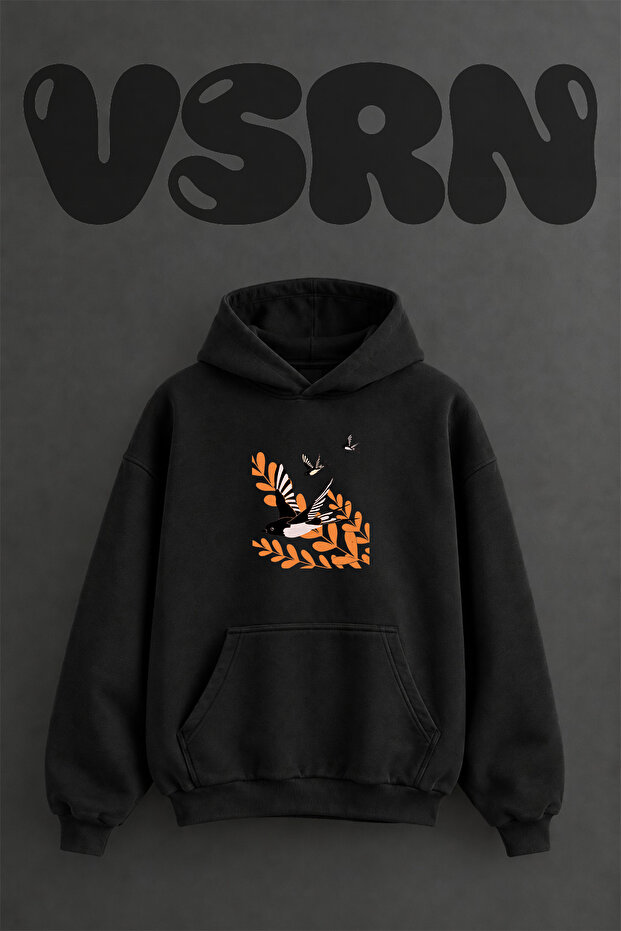 Swallows Design Pre-Printed Oversize Black Hooded Sweatshirt