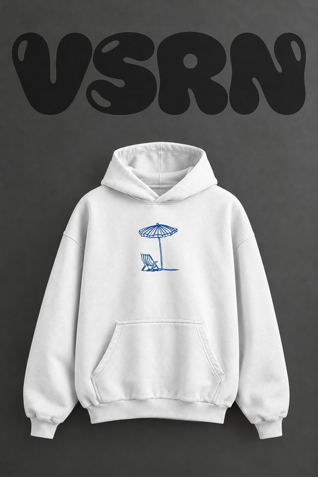 Beach Umbrella Chair Design Pre-Printed Oversize White Hooded Sweatshirt