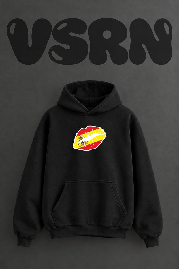 Spain Lips Design Pre-Printed Oversize Black Hooded Sweatshirt