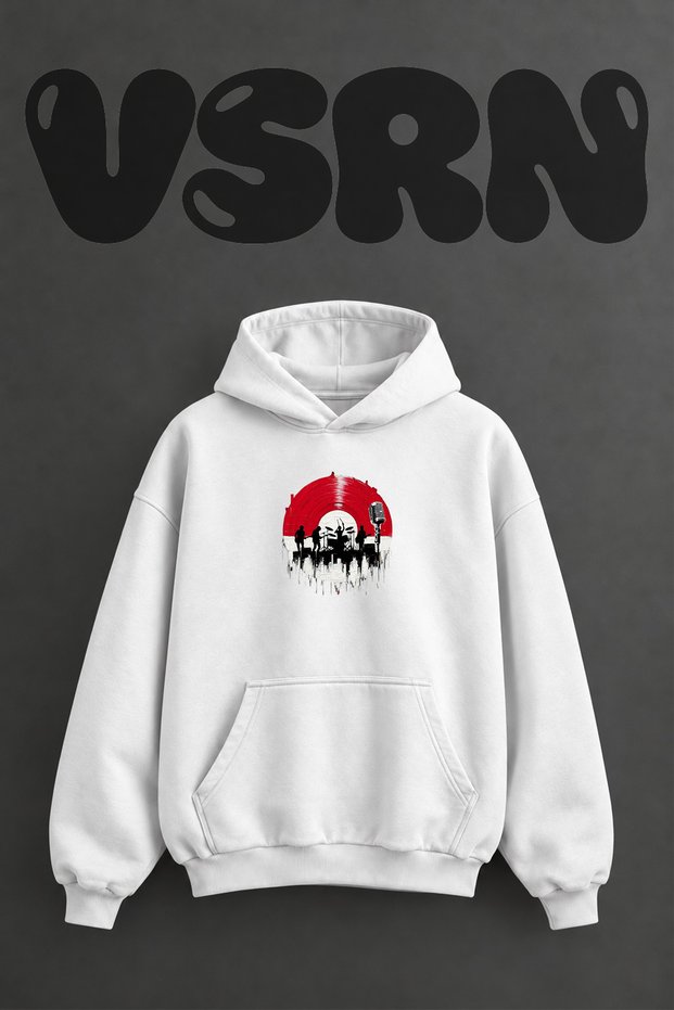 Rock Band Vinyl Design Pre-Printed Oversize White Hooded Sweatshirt