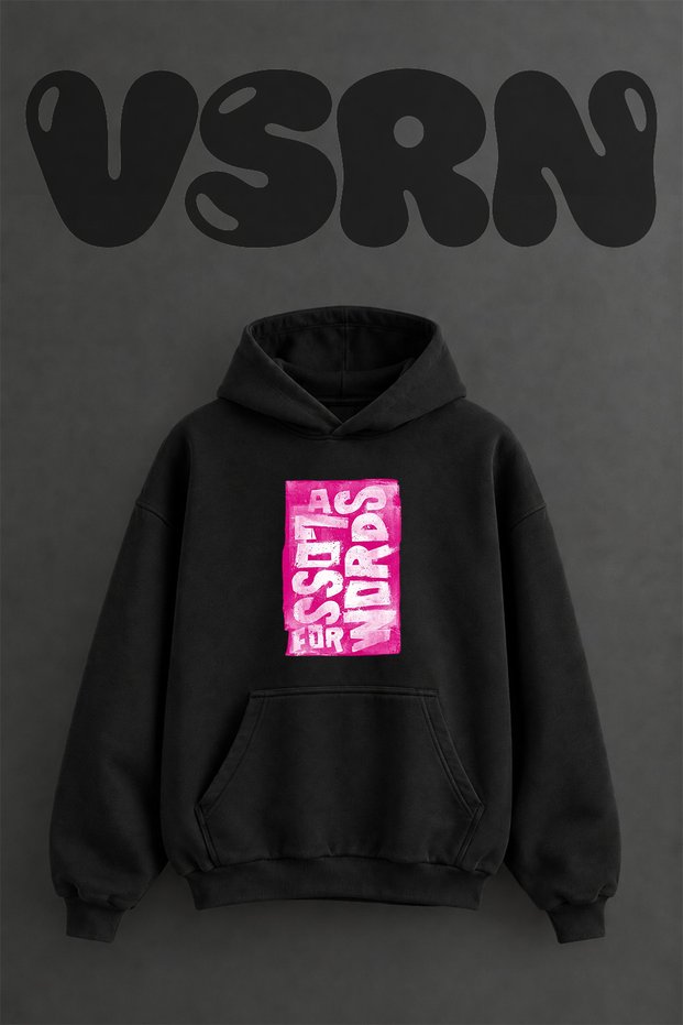 Pink Grunge Text Design Pre-Printed Oversize Black Hooded Sweatshirt