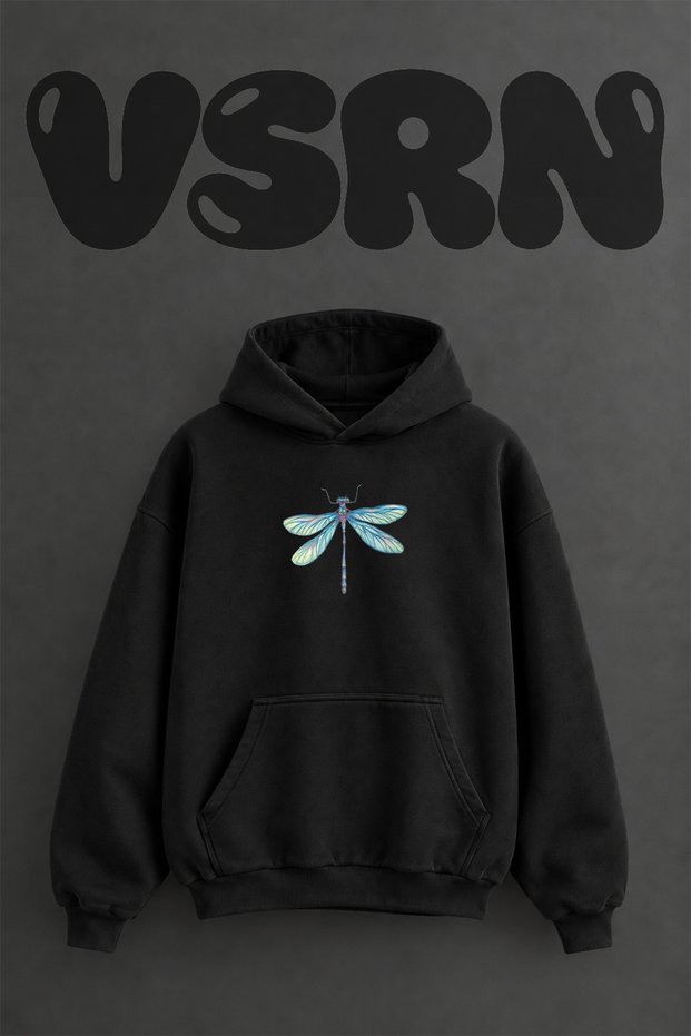 Colorful Dragonfly Design Pre-Printed Oversize Black Hooded Sweatshirt