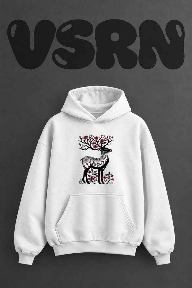 Deer Flower Design Pre-Printed Oversize White Hooded Sweatshirt