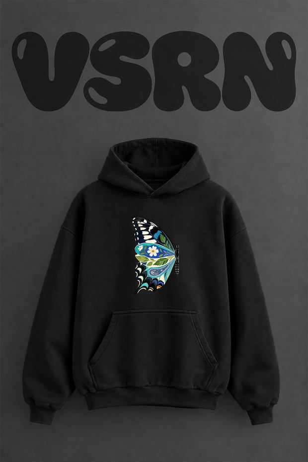 Floral Butterfly Design Pre-Printed Oversize Black Hooded Sweatshirt
