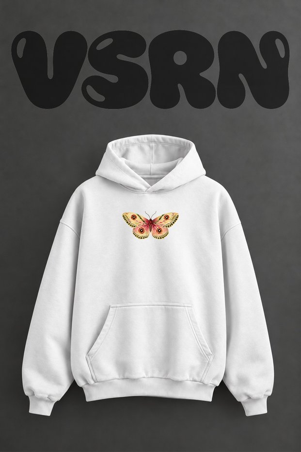 Watercolor Moth Design Pre-Printed Oversize White Hooded Sweatshirt