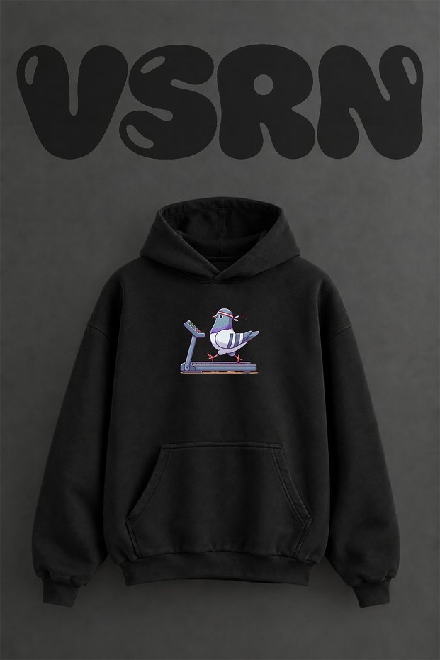 Pigeon Treadmill Design Pre-Printed Oversize Black Hooded Sweatshirt