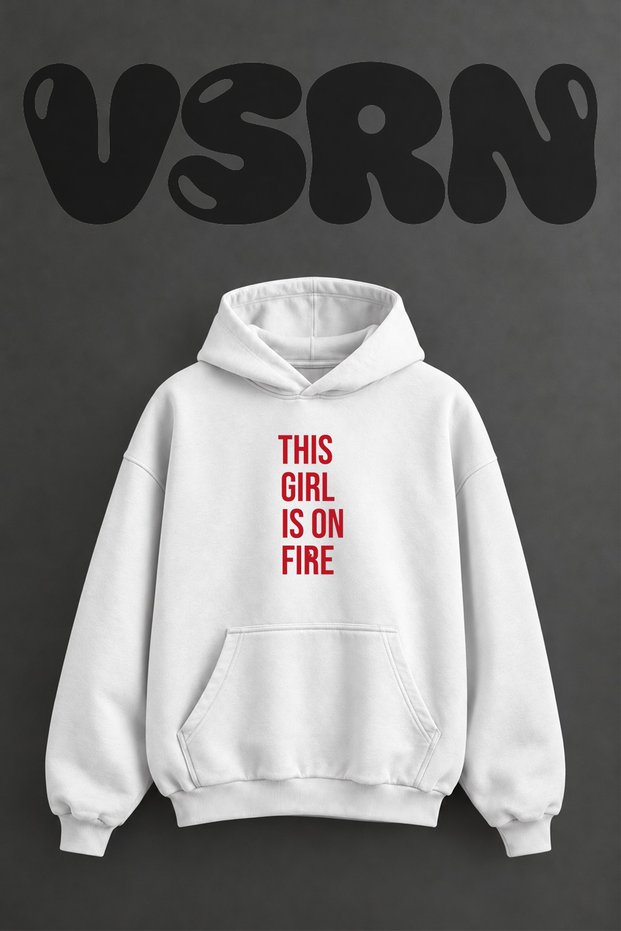 Girl on Fire Design Pre-Printed Oversize White Hooded Sweatshirt