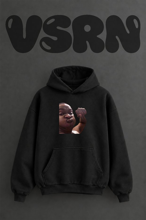 Puffing Cheeks Design Pre-Printed Oversize Black Hooded Sweatshirt