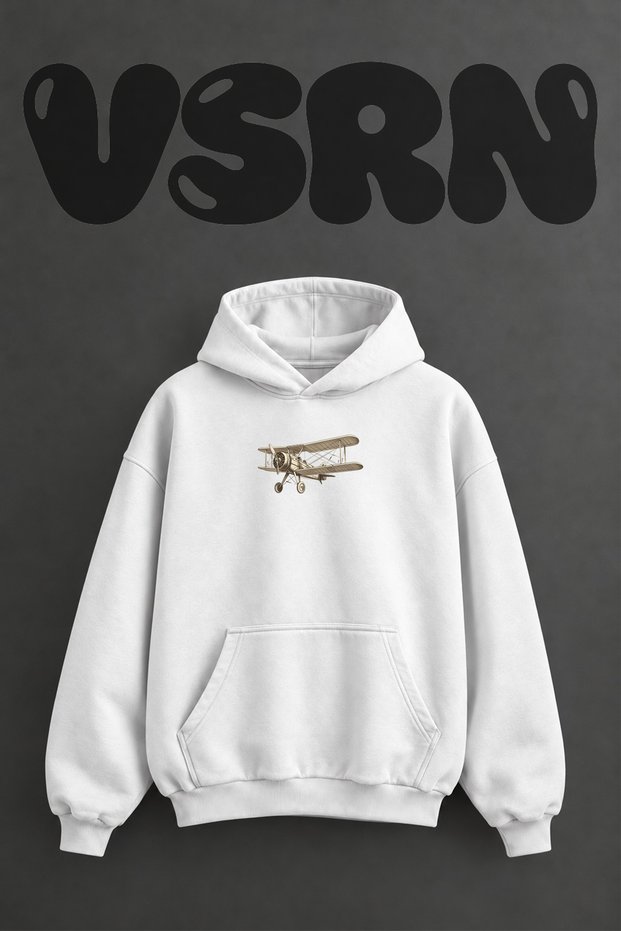Vintage Biplane Design Pre-Printed Oversize White Hooded Sweatshirt