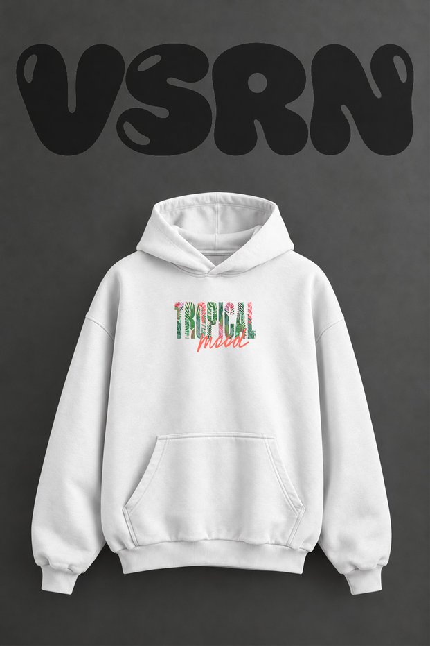 Tropical Leaves Flowers Design Pre-Printed Oversize White Hooded Sweatshirt
