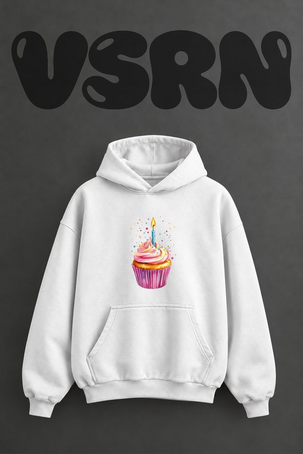 Birth Day Cupcake Design Pre-Printed Oversize White Hooded Sweatshirt