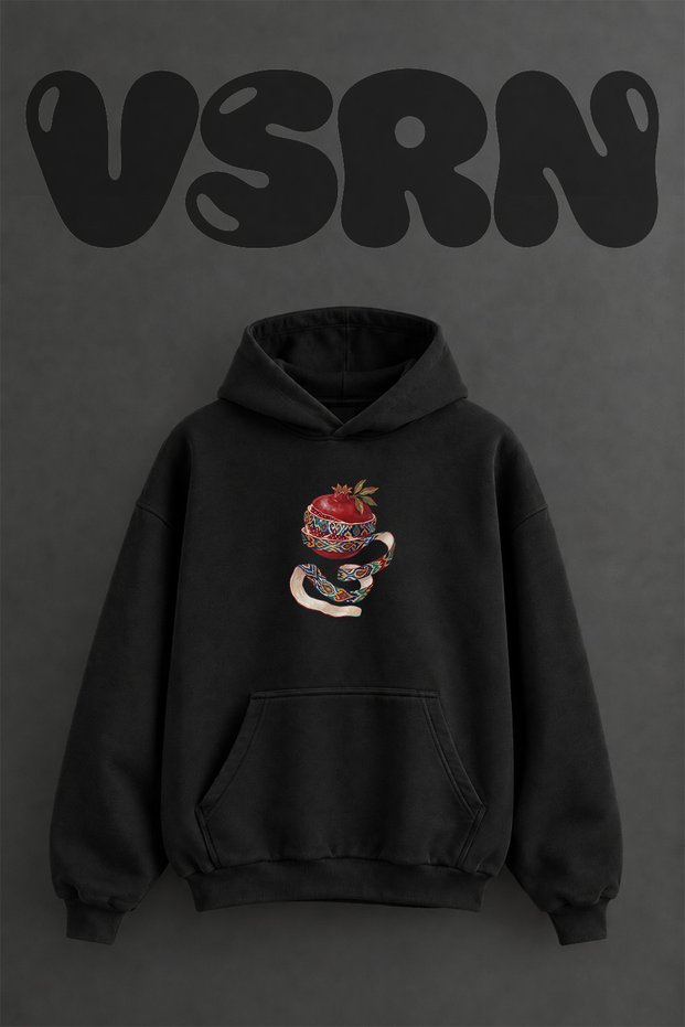 Pomegranate Ikat Design Pre-Printed Oversize Black Hooded Sweatshirt