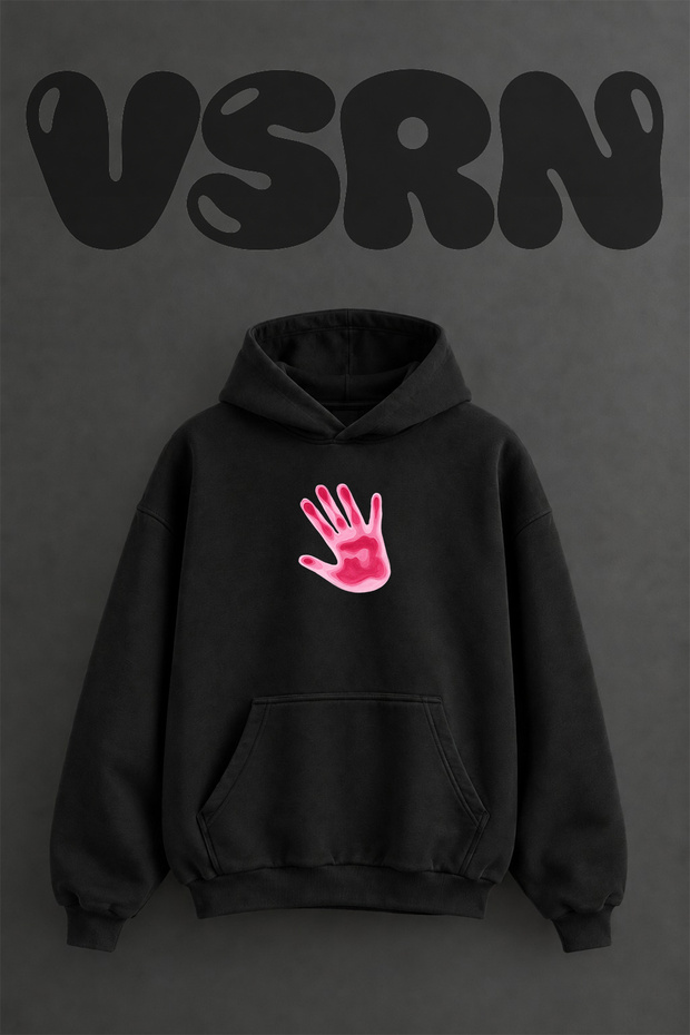 Pink Handprint Design Pre-Printed Oversize Black Hooded Sweatshirt