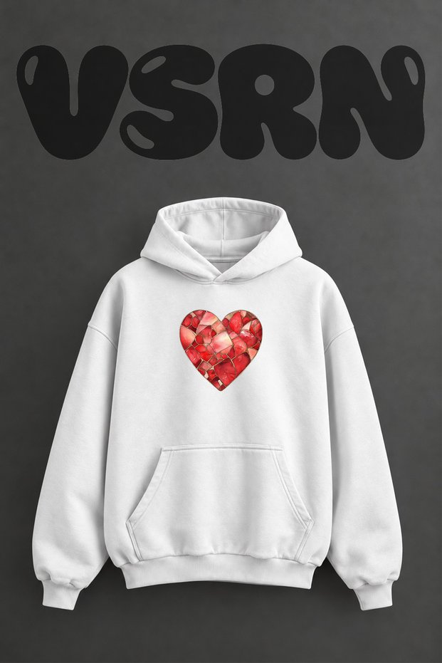 Heart Mosaic Design Pre-Printed Oversize White Hooded Sweatshirt