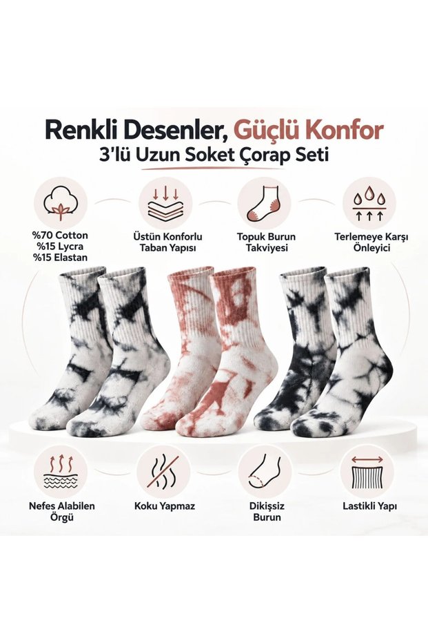 Unisex Batik Patterned Socks Set of 3 Cotton Long Socks Daily Sports Breathable Seamless