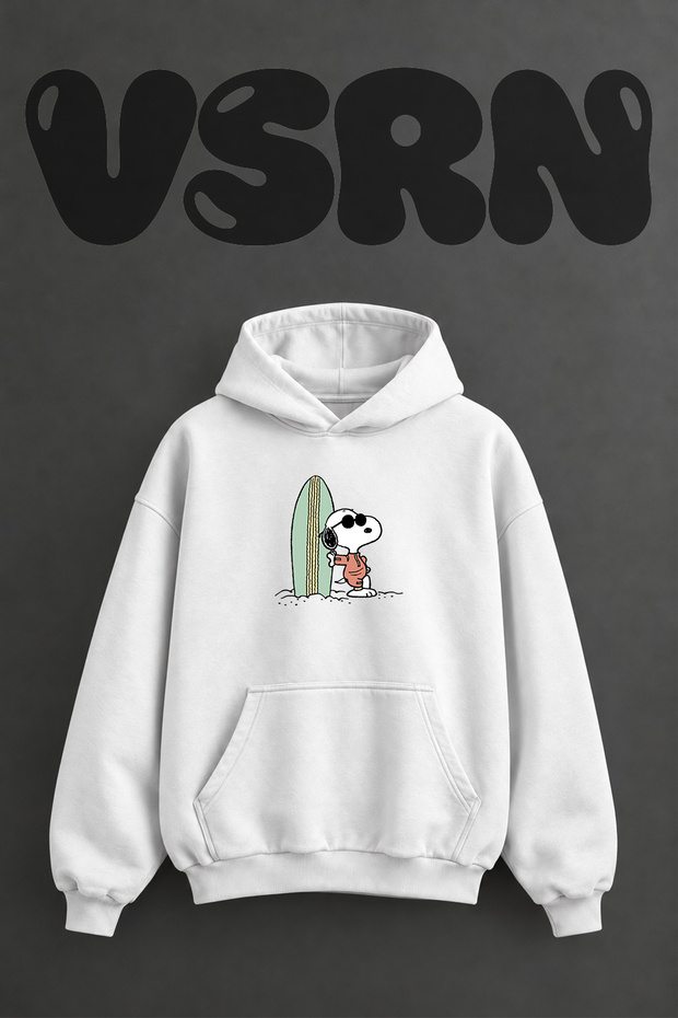 Snoopy Surf Design Pre-Printed Oversize White Hooded Sweatshirt