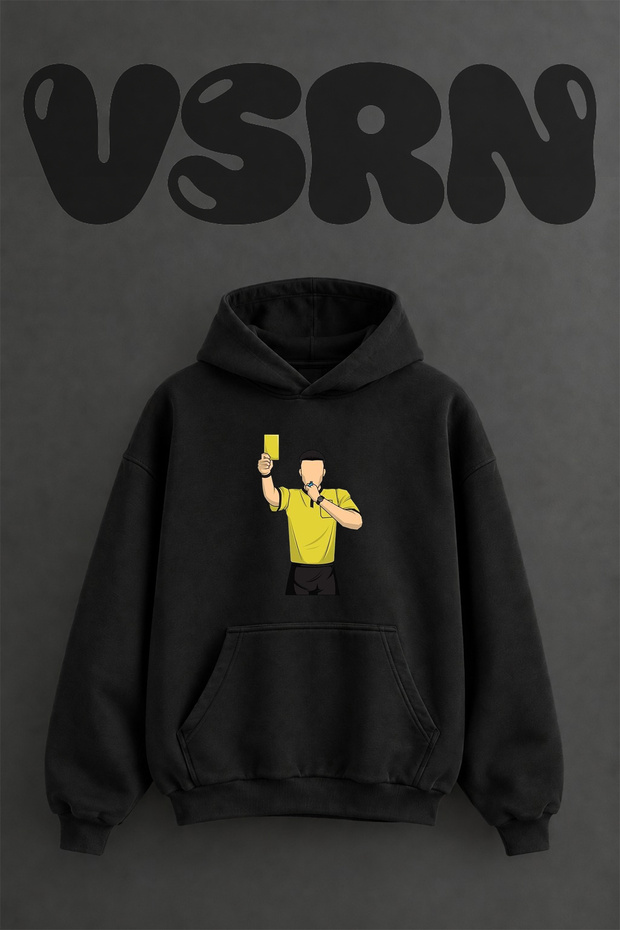 Referee Yellow Card Design Pre-Printed Oversize Black Hooded Sweatshirt
