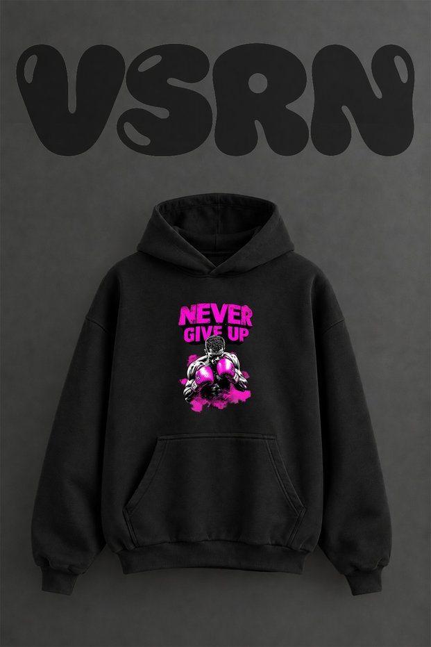 Boxer Never Give up Design Pre-Printed Oversize Black Hooded Sweatshirt
