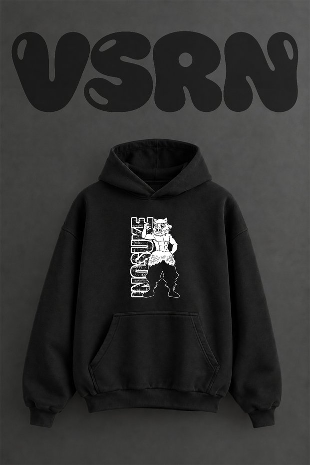 Inosuke Demon Slayer Design Pre-Printed Oversize Black Hooded Sweatshirt