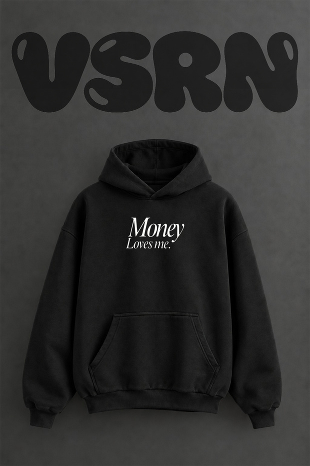 Money Loves Me Design Pre-Printed Oversize Black Hooded Sweatshirt