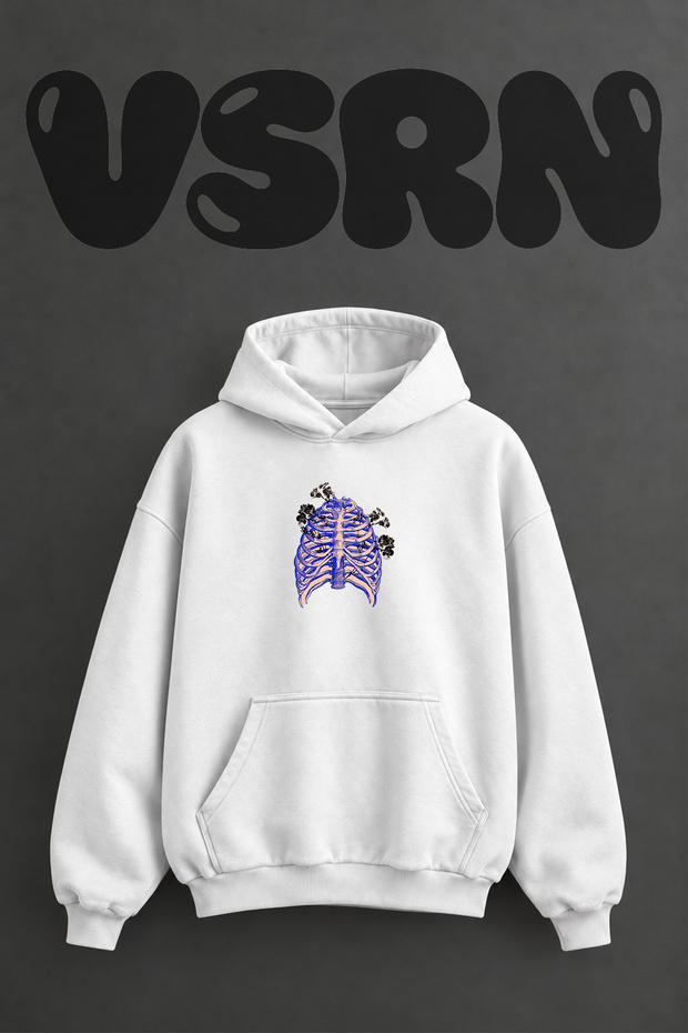 Rib Cage Floral Design Pre-Printed Oversize White Hooded Sweatshirt