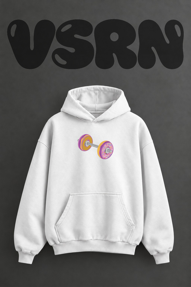 Donut Dumbbell Design Pre-Printed Oversize White Hooded Sweatshirt