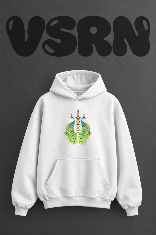 Peacock Tribal Design Pre-Printed Oversize White Hooded Sweatshirt