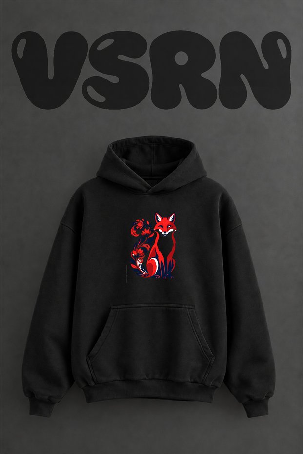Floral Fox Design Pre-Printed Oversize Black Hooded Sweatshirt