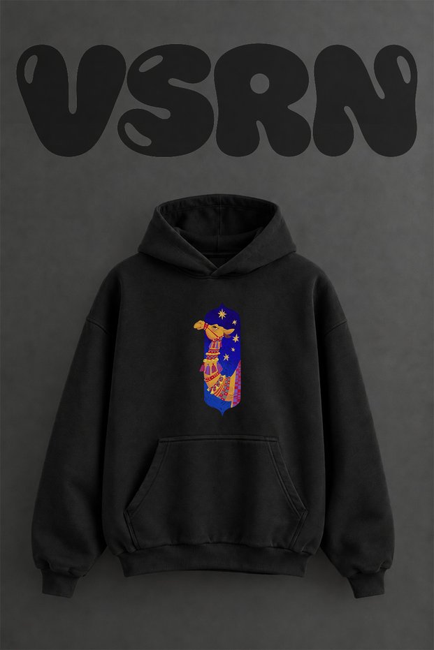 Decorative Camel Design Pre-Printed Oversize Black Hooded Sweatshirt