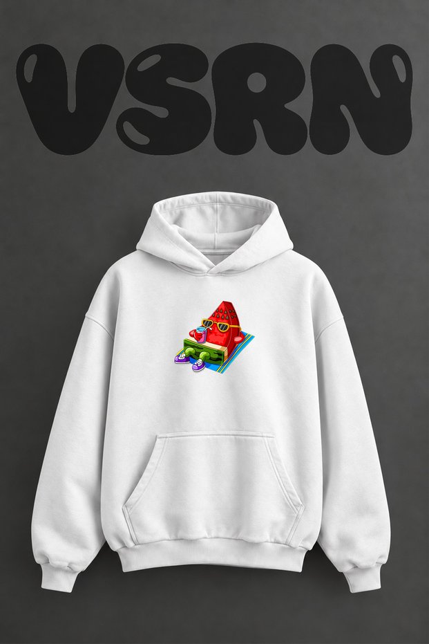 Watermelon Summer Design Pre-Printed Oversize White Hooded Sweatshirt