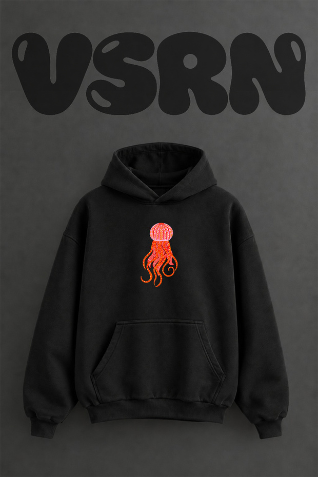 Dotted Sea Urchin Design Pre-Printed Oversize Black Hooded Sweatshirt