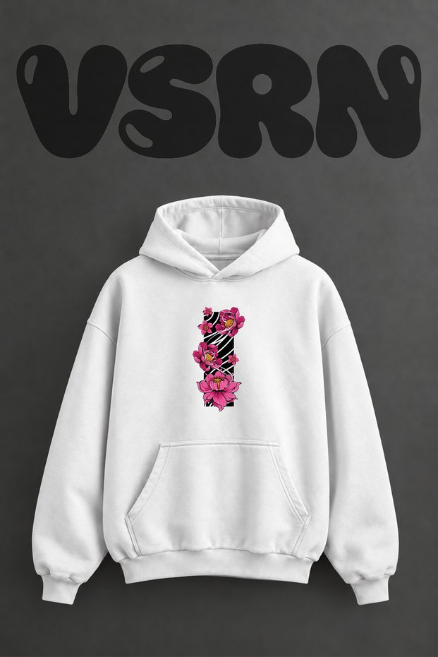 Lotus Cicegi Design Pre-Printed Oversize White Hooded Sweatshirt