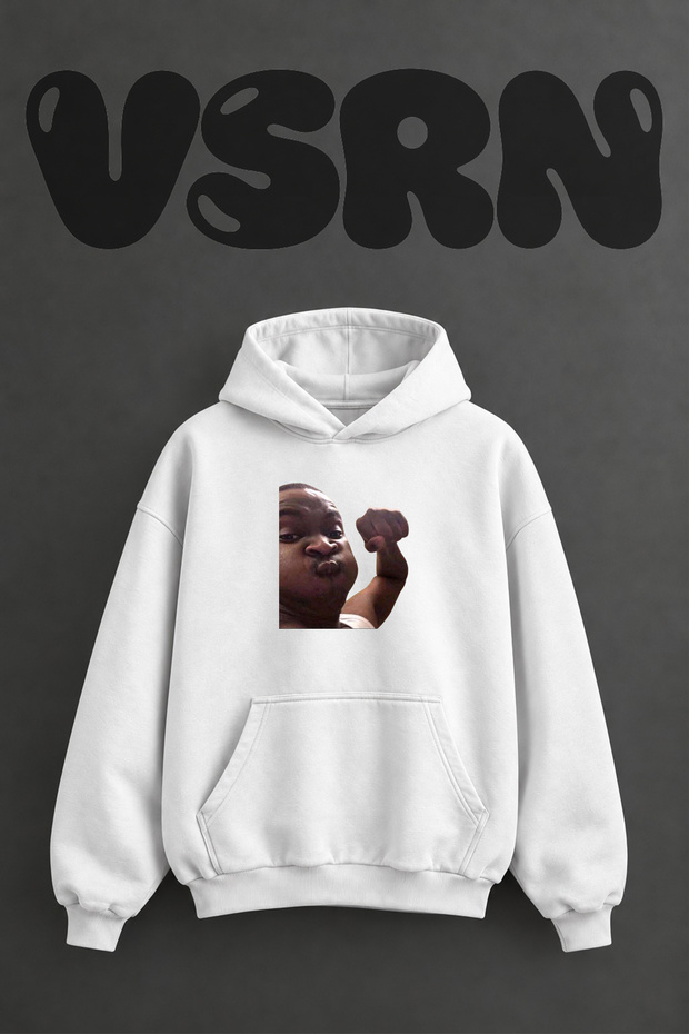 Puffing Cheeks Design Pre-Printed Oversize White Hooded Sweatshirt
