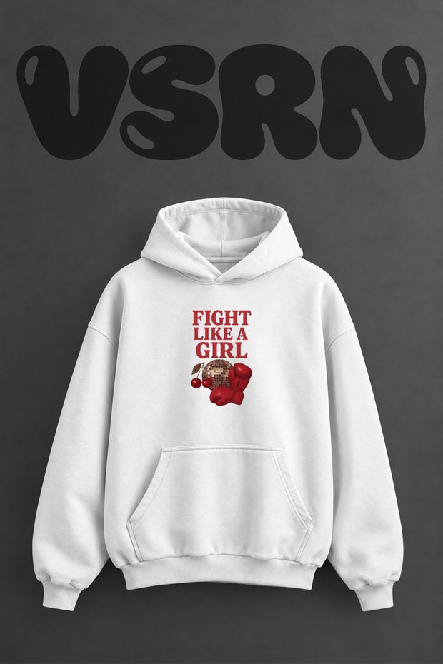 Kiz Gucu Boxing Design Pre-Printed Oversize White Hooded Sweatshirt