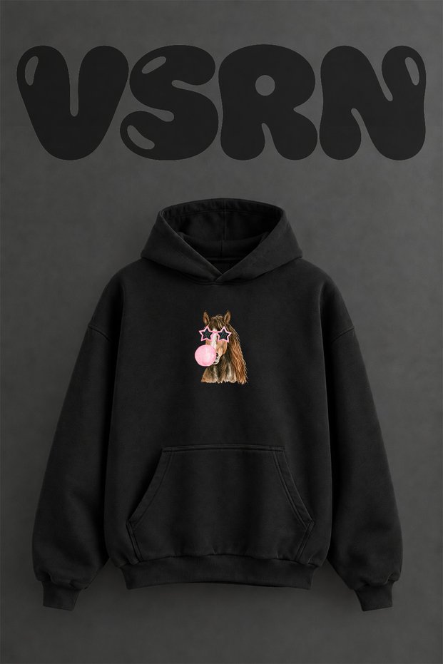 Horse Star Chewing Gum Design Pre-Printed Oversize Black Hooded Sweatshirt