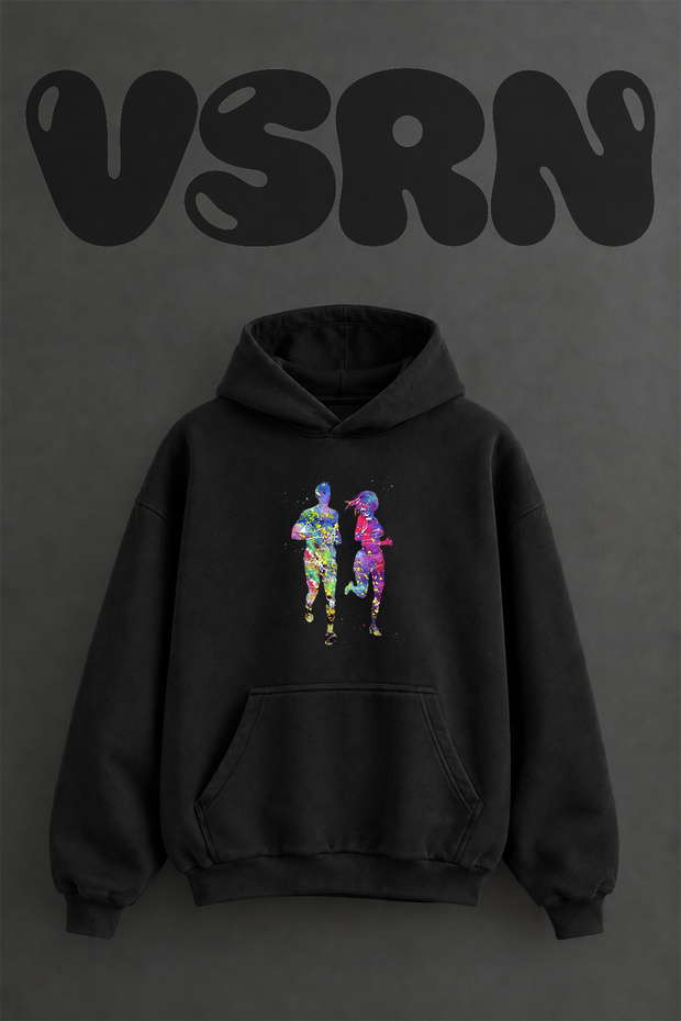 Colorful Runners Design Pre-Printed Oversize Black Hooded Sweatshirt